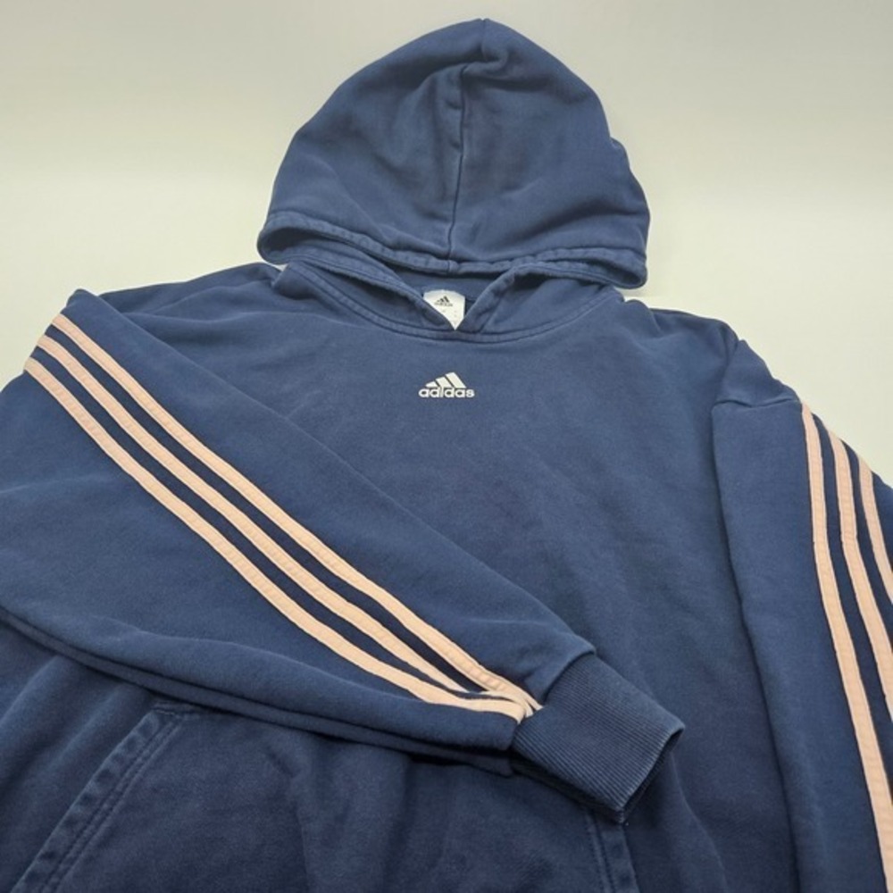 KITH Adidas Collaboration Men L Navy Salmon Pink 3 Stripes Logo Hooded Hoodie